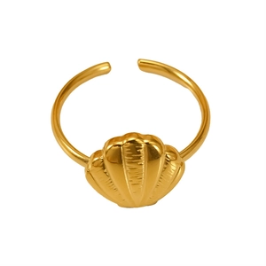 Minimalist adjustable gold shell ring made of durable stainless steel on white background