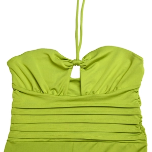 Close-up of grass green strapless jumpsuit featuring a halter neck tie and pleated bodice