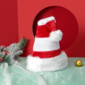 Kids plush Christmas hat with red and white stripes, white faux fur trim and pompom detail