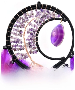 Macro view of purple agate slice and hand-woven tree of life on dream catcher
