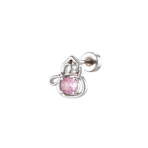 Titanium steel gourd stud earring with pink gemstone and screw back closure