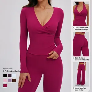 Women's 3-piece yoga set with V-neck long sleeve top and loose wide-leg pants