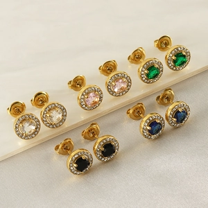 5 pairs of 18K gold-plated stainless steel round stud earrings with colorful zircon stones