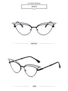 Detaillierte Vorder- und Seitenansicht der schwarzen Cat-Eye-Sonnenbrille mit Silberakzenten