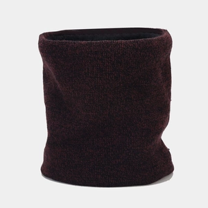 Detail of winter neck warmer with dark red and black knit pattern and soft inner lining