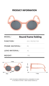 Size chart showing dimensions for children's round folding sunglasses with PC frame