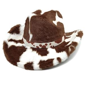 Chapeau De Cowboy Imprimé Vache Peluche Fausse Fourrure Chaud Hiver Western Fête Mode Accessoire Pour Femmes Hommes