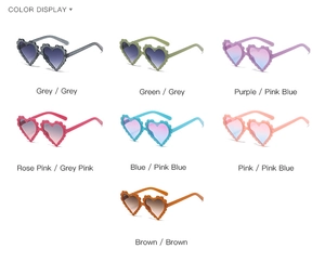 Color options display for kids heart sunglasses featuring jelly lace frames in seven styles