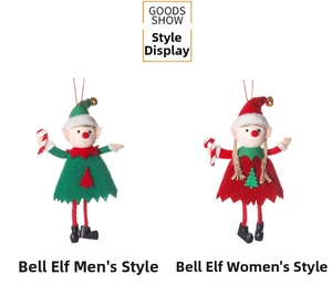 Detail of Christmas elf dolls with red and green outfits, bells and candy canes