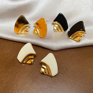 Geometric resin drop earrings with 18k gold plating and fan-shaped stripe detailing