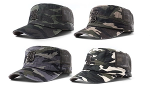 Detail of mesh breathability and vintage B-letter patches on camo military patrol caps