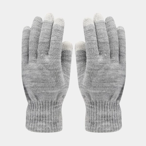 Close-up of knit gloves with mixed grey yarn and touch screen tips on index and thumb