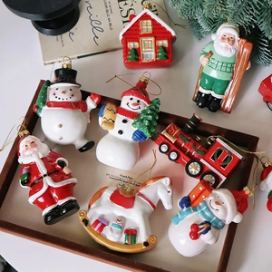 Christmas Tree Hanging Ornaments Painted Plastic Snowman Santa Claus Train Car House Rocking Horse Retro Holiday Decor