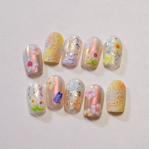3D floral and blue butterfly press-on nails with aurora white and orange gradient design