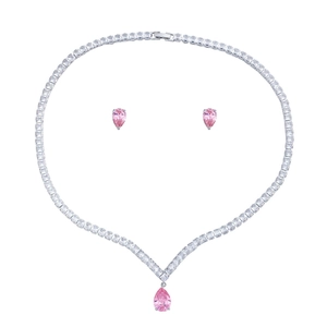 Pink pear-cut gemstone jewelry set with silver necklace and zircon stud earrings