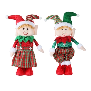 Standing Christmas elf dolls with retractable legs in red and green festive plaid outfits