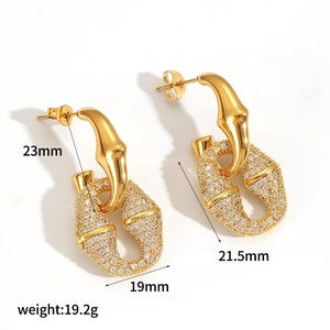 Detailed size view of gold stainless steel earrings with sparkling zircon stones
