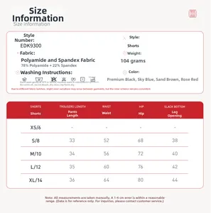 Detailed size chart for yoga shorts showing measurements for black, blue, and sand colors
