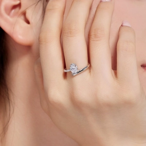 Detailed view of an elegant S925 sterling silver ring with oval gemstone on finger