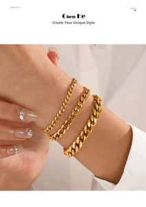 Detailed view of three-piece set gold Cuban link bracelets with a high-polished finish