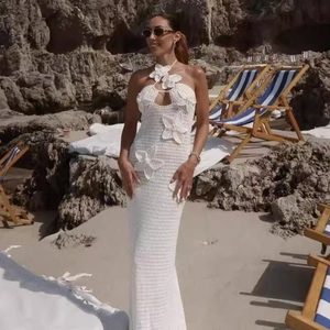 Halter Neck Crochet Maxi Dress 3D Flower Applique Hollow Out Sleeveless Backless Boho Beach Vacation Long Sundress For Women