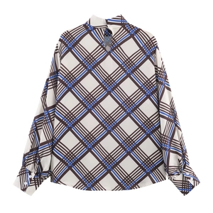 Women's plaid long-sleeved high collar blouse in white with brown and blue grid pattern