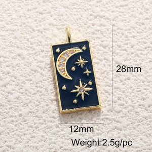 18K gold plated celestial rectangular charm with moon, stars and black enamel finish