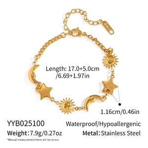 Detail of 18K gold stainless steel bracelet with sun, moon, and star pendants, 17+5cm length