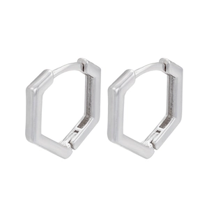 Polished silver hexagonal geometric hoop earrings with secure clasp on white background
