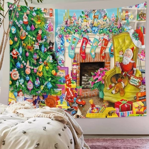 Detail eines Vintage-Weihnachtswandteppichs mit Weihnachtsmann an der Wand