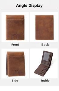 Multi-angle views of vintage dark brown leather wallet with RFID blocking and ID window