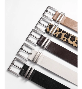 Close-up of five stylish faux leather belts with metallic buckles in varied colors and patterns