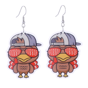 Close-up of funny acrylic turkey earrings with Gobble text and red sunglasses for Thanksgiving