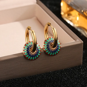 Retro gold stainless steel hoop earrings with colorful enamel floral sun pattern charms