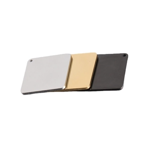 Three 30mm square mirror finish stainless steel DIY tags in silver gold and black