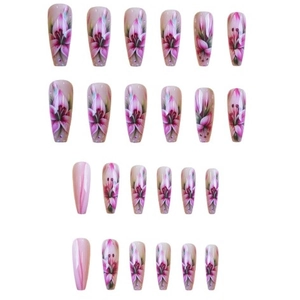 Long ballerina press-on nails set featuring 24 pieces with pink lily flower and gradient