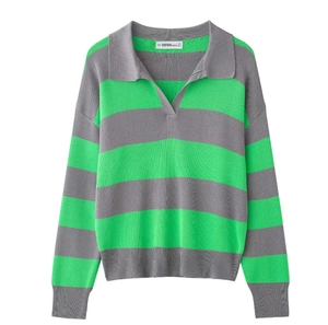 Detail of the grey and green striped knit texture and Polo collar design on this sweater