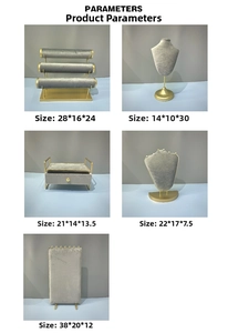 Detailed size parameters for multi-tier jewelry display stands in grey velvet and gold metal