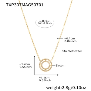 Detailed specs of gold double-ring necklace with zircons and stainless steel chain