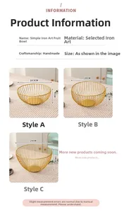 Size chart showing three dimensions of Nordic gold iron fruit bowls in a 3-grid layout