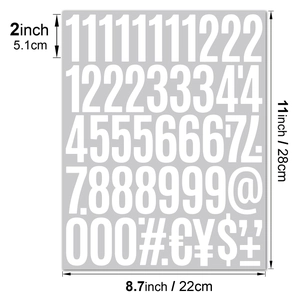 Macro view of 2-inch waterproof white vinyl number and symbol stickers for DIY posters