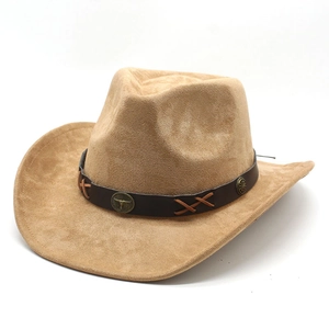 Western faux suede cowboy hat in camel brown with bull horn leather band detail