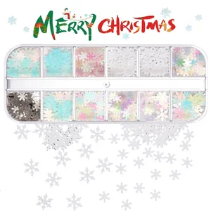 Close-up of 12-slot Christmas snowflake nail glitter sequins set in blue and silver