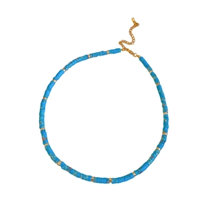 Minimalist round blue Shoushan stone necklace with gold spacers on white background