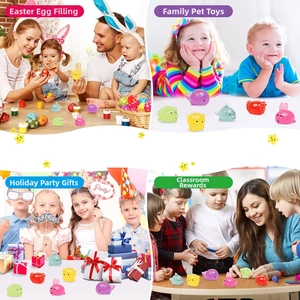 Glitter animal mochi squishy set shown in Easter, home, party, and classroom scenes