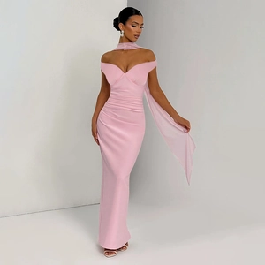 Pink off-the-shoulder pleated fishtail evening gown with matching neck ribbon decoration