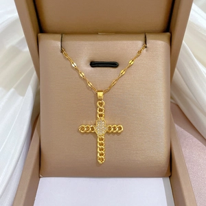 Cross Hamsa Hand Pendant Necklace Titanium Steel Copper Gold Plated Inlaid Zircon Lucky Jewelry Gifts For Women