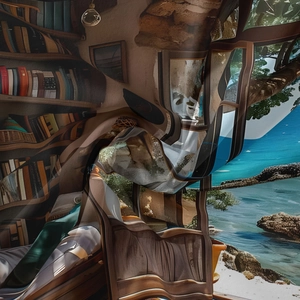 Detailed view of bohemian tapestry fabric with a surreal bookshelf and seascape print