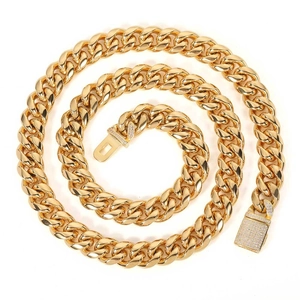 Gold-plated 12mm Cuban link chain necklace with sparkling zircon-encrusted clasp