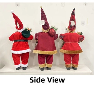 Side and back view of three plush Santa figurines in varied red and plaid festive outfits